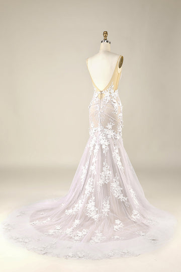 Elfenben Havfrue Illusion Båd hals blonder Brudekjole